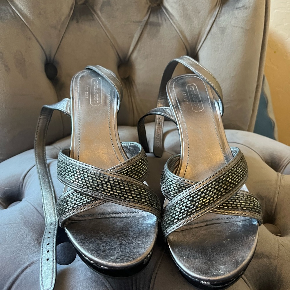 Coach Silver and Black Wedge Sandals with Sparkling Straps - Picture 2 of 5
